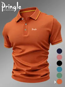 Lb4879 Classic Pringle Logo Print Geometric Men's Collared Shirt, Elastic Casual Breathable Polo Shirts, Comfortable All-Season High-Quality