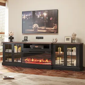 【3 Packages Shipping】oneinmil 98" Farmhouse TV Stand with 36" Fireplace for TVs up to 100", Media Entertainment Center with Adjustable Shelves and Large Storage Cabinets, for Living Room, Black & Black