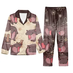 Funny Moo Deng Silk Satin Pajamas Sets - Cute Baby Pygmy Hippo Zoo Family Costume for Women, Perfect for Christmas & Halloween Tee, T-Shirt