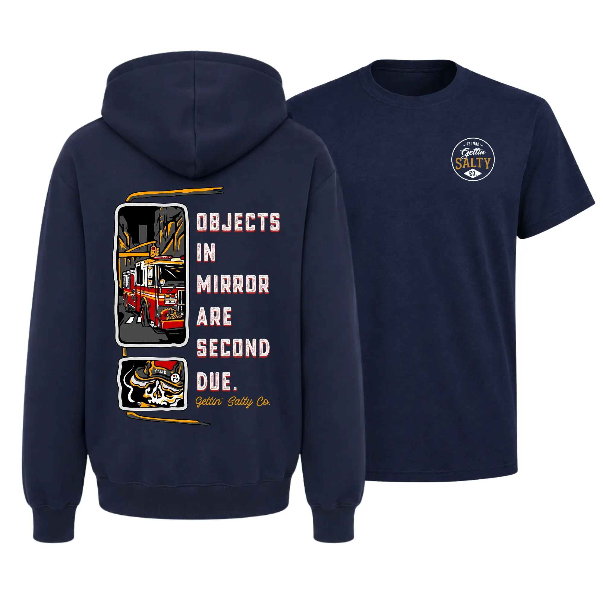 Gettin’ Salty Firefighter T-Shirt, Hoodie, Sweatshirt – “Objects in Mirror Are Second Due” Fire Truck Graphic, Gift for Firefighters, Dad, Husband