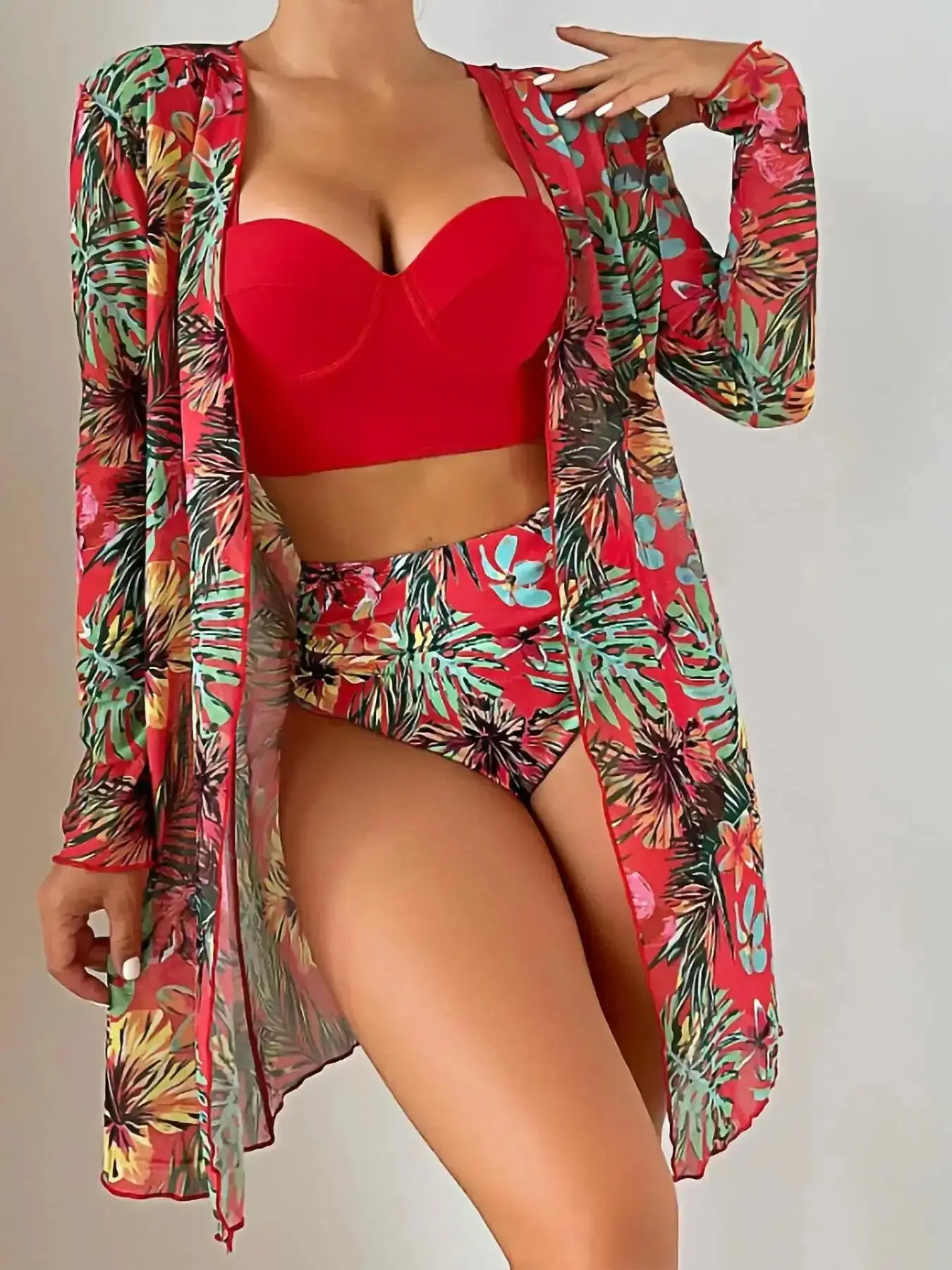 Women's Swimsuit Set, Bikini Swimsuit Outfit, Boho Push Up Swim Bra & High Waist Ruched Swim Panty Cover Bikini Sets, Summer Beach Swimwear, Floral Print Swimsuits, Bandeau Bikini Top, Tropical Print Bikinis