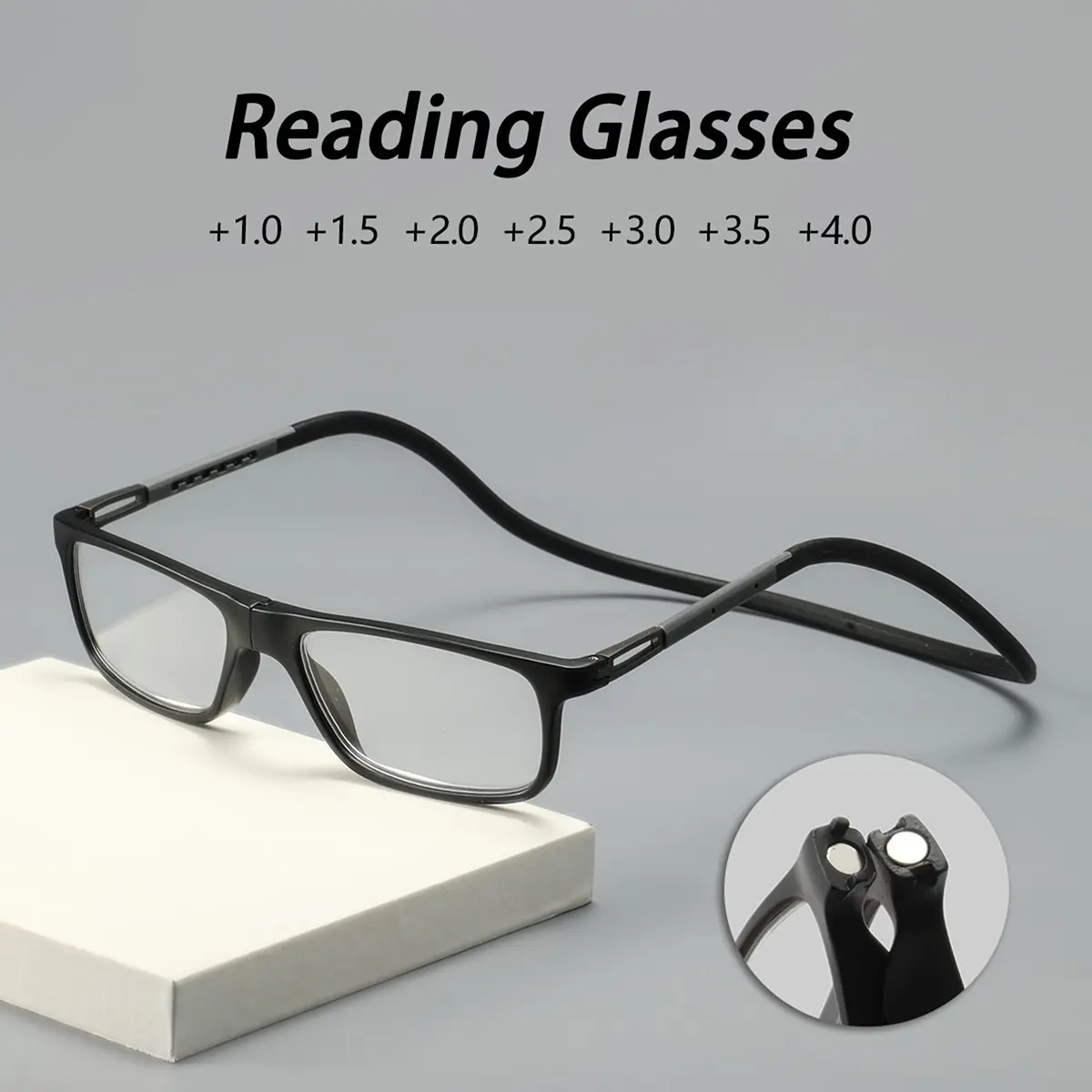 Unisex Square Plastic Magnetic Over-Ear Detachable Reading Glasses, Retro Casual Lightweight Durable Glasses Fashion Eyewear for Men and Women, High Quality Eyewear Reading Eyeglasses