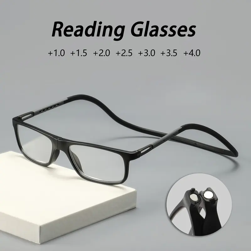Unisex Square Plastic Magnetic Over-Ear Detachable Reading Glasses, Retro Casual Lightweight Durable Glasses Fashion Eyewear for Men and Women, High Quality Eyewear Reading Eyeglasses