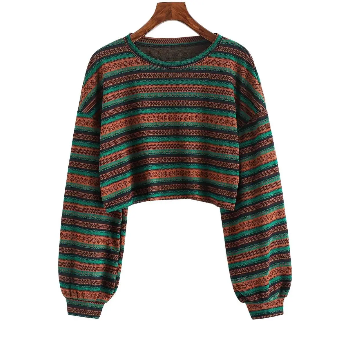 Women's Bohemian Tribal Graphic Cropped Knit Sweater - Long Sleeve Drop Shoulder, Rayon-Spandex Blend, Vibrant Striped Pattern, Machine Washable, Nonlining Casual Boho Pullover for All Seasons Knitwear Womenswear