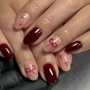 24pcs Oval Short Fake Nails, Wine Solid Color, Nude Transparent Base, Reusable, Beginner Friendly, Nail Design, Includes Jelly Glue and Nail File