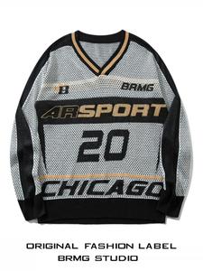 men's colorblock letter & figure pattern drop shoulder sweater, casual loose long sleeve v neck jumper for spring & fall, fashion men's designer clothing knitwear for daily wear tops, going out tops, menswear, pullover sweater, knitted top