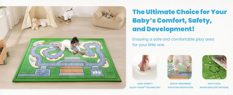 PaPaMat 1.3" Extra Thick Plush Baby Play Mat –  Educational Padded Game Mats with Car Track Design, Non-Slip & Shock-Absorbing for Crawling Toddlers