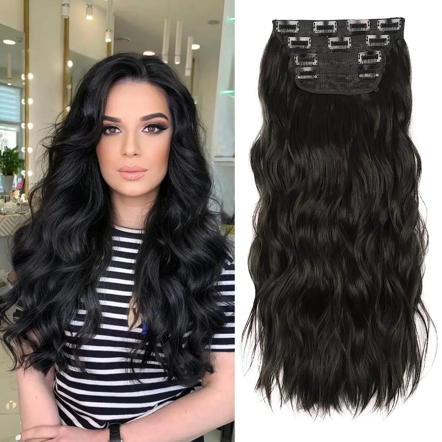 Women's Glueless Natural Wavy Black Clip-in Curly Hair Extensions, 4PCS 20inch Synthetic Thick Hairpieces with Double Weft Fiber, Full Head New Year's Gift, Glueless Extensions, Natural Wavy Extensions