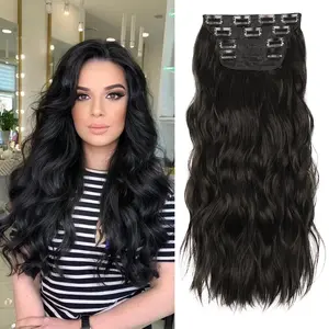 Women's Glueless Natural Wavy Black Clip-in Curly Hair Extensions, 4PCS 20inch Synthetic Thick Hairpieces with Double Weft Fiber, Full Head New Year's Gift, Glueless Extensions, Natural Wavy Extensions