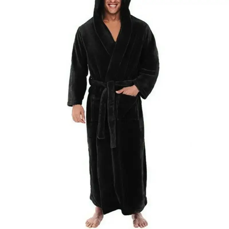 Men's 5XL Oversize Long Flannel Fleece Bath Robe - Cozy Kimono Loungewear for Winter Home Sleepwear, Beige, Grey, Oversized Fit, Solid Colors