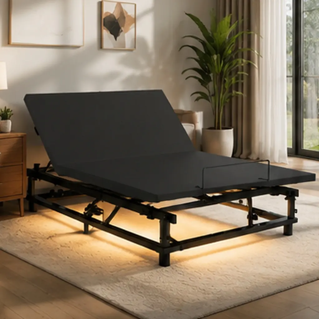 King Size Adjustable Bed Base Frame with Head and Foot Incline, Quiet Motor, Zero Gravity, Wireless Remote, USB Ports, Under-Bed Nightlight, Steel Frame, Antique Black, for Bedroom, King Size Options, Antique Black Color Options