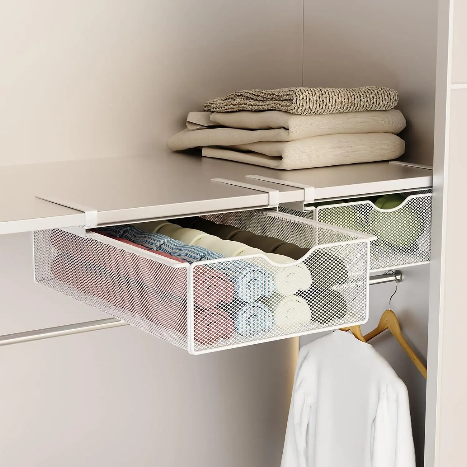 Wall-Mounted Detachable Metal Ventilated Drawer-Style Basket - No-Installation Interior Storage Organizer with Pull-Out Dividers, Closet Solution for Underwear & Socks, Rust-Proof Home Space Organizing Aid