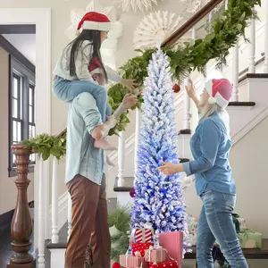 7FT Blue Gradient Flocked Pencil Christmas Tree with 300 Warm White LED Lights, 725 Tips, Hinged Branches, Slim Design, Metal Stand – Narrow Prelit Tree for Holiday Home Decor