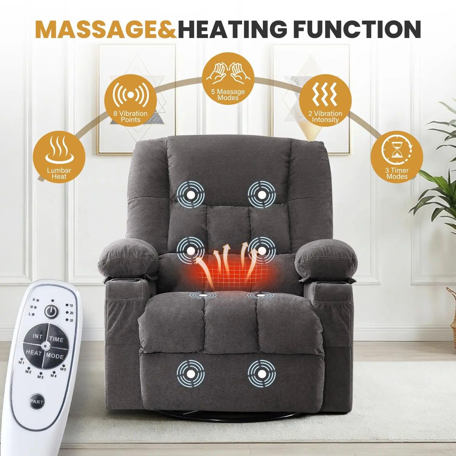 Jonpony Swivel Recliner Chair for Adults with Vibration Massage and Lumbar Heat , Oversized Ergonomic Rocking Chair for Living Room and Bedroom, Featuring Side Pocket, 2 Cup Holders & USB Charge Port
