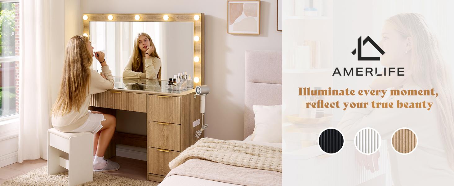 AMERLIFE 36.2/47.2" Fluted Vanity Desk with Mirror and Adjustable LED Lights, Large 4/7 Drawers Makeup Table with Glass Top and Charging Station for Women and Girls, Bedroom or Dorm/Best Gift Ideas/Christmas Gifts