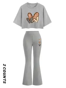 Women's Heart Print Fitted Crop Tee & Flare Leg Pants Two-piece Set, Casual Fashion Cozy Round Neck Short Sleeve T-shirt & Bell Bottom Trousers for Daily Outdoor Wear, Ladies Womenswear Summer Clothes Love