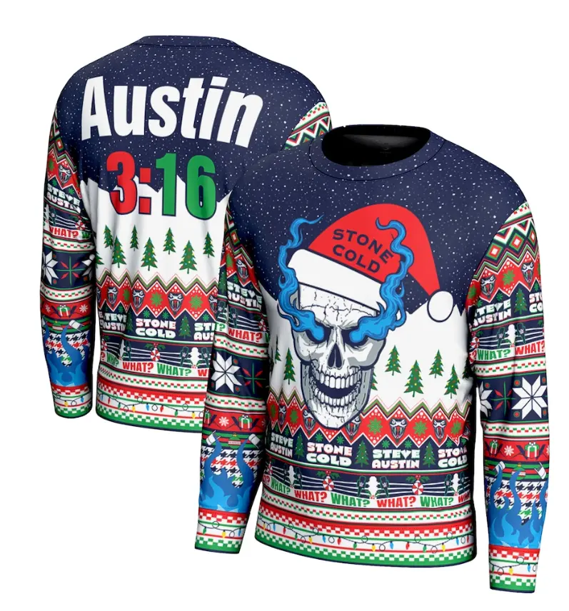 Stone Cold Steve Austin Christmas Sweater – Funny 3:16 Holiday Knit Pullover with Skull Santa Design | WWE Ugly Xmas Sweater