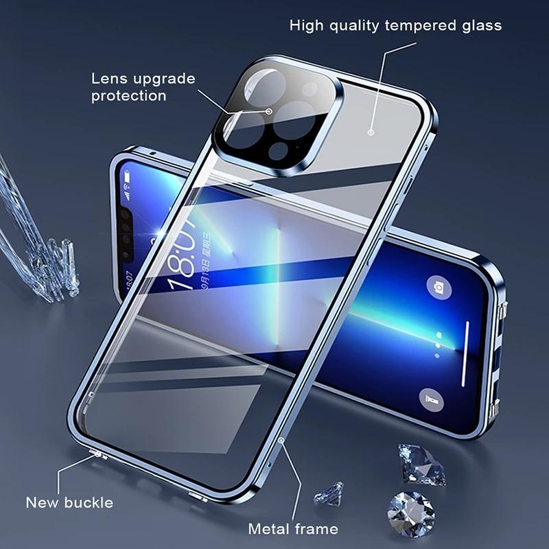 360°Full Protected Metal Magnetic Double-Sided Glass Snap Lock Phone Case For iPhone 16 Pro Max 14 13 12 15 Pro Max Bumper Cover