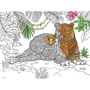 Tiger and Cub Coloring Poster – Animal Art for Kids and Adults | DIY Stress Relief Coloring Poster