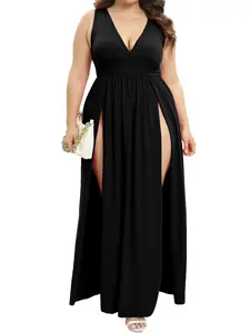Elegant Plus Size Black V-Neck Sleeveless Maxi Dress with High Thigh Slit - Flowing Swing Design, Polyester & Elastane Blend, Machine Washable for All Seasons, Plus Size Dress
