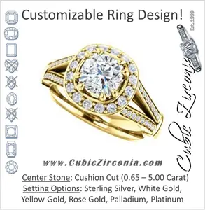 Cubic Zirconia Engagement Ring- The Shaundra (Customizable Cushion Cut with Halo, Cathedral Prong Accents & Split-Pavé Band)
