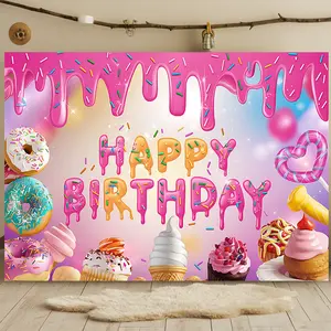1pc Sweet Donut Happy Birthday Banner - Vibrant Polyester Backdrop with Colorful Donuts, Cupcakes & Sprinkles for Party Decor, Home & Wall Decoration, Perfect for All Seasons, Birthday Party Decorations