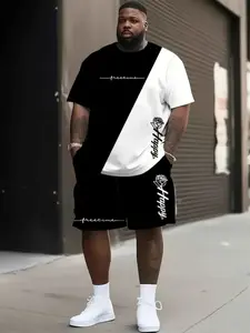 Men's Plus Size Summer Casual Set, 3D Letter & Rose Print Colorblock Short Sleeve Top and Drawstring Shorts, Loose Fit, Modern Style
