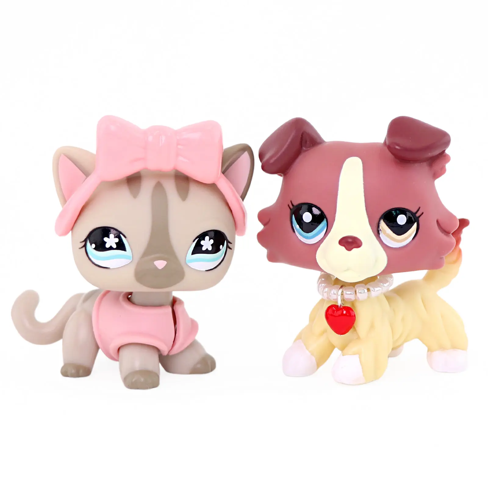 2 Pcs Collectible Mini Pet Figures, Striped Cat and Dog Figurines with Fashion Accessories, Mini Animal Toy Set for Kids Play and Desktop Decoration