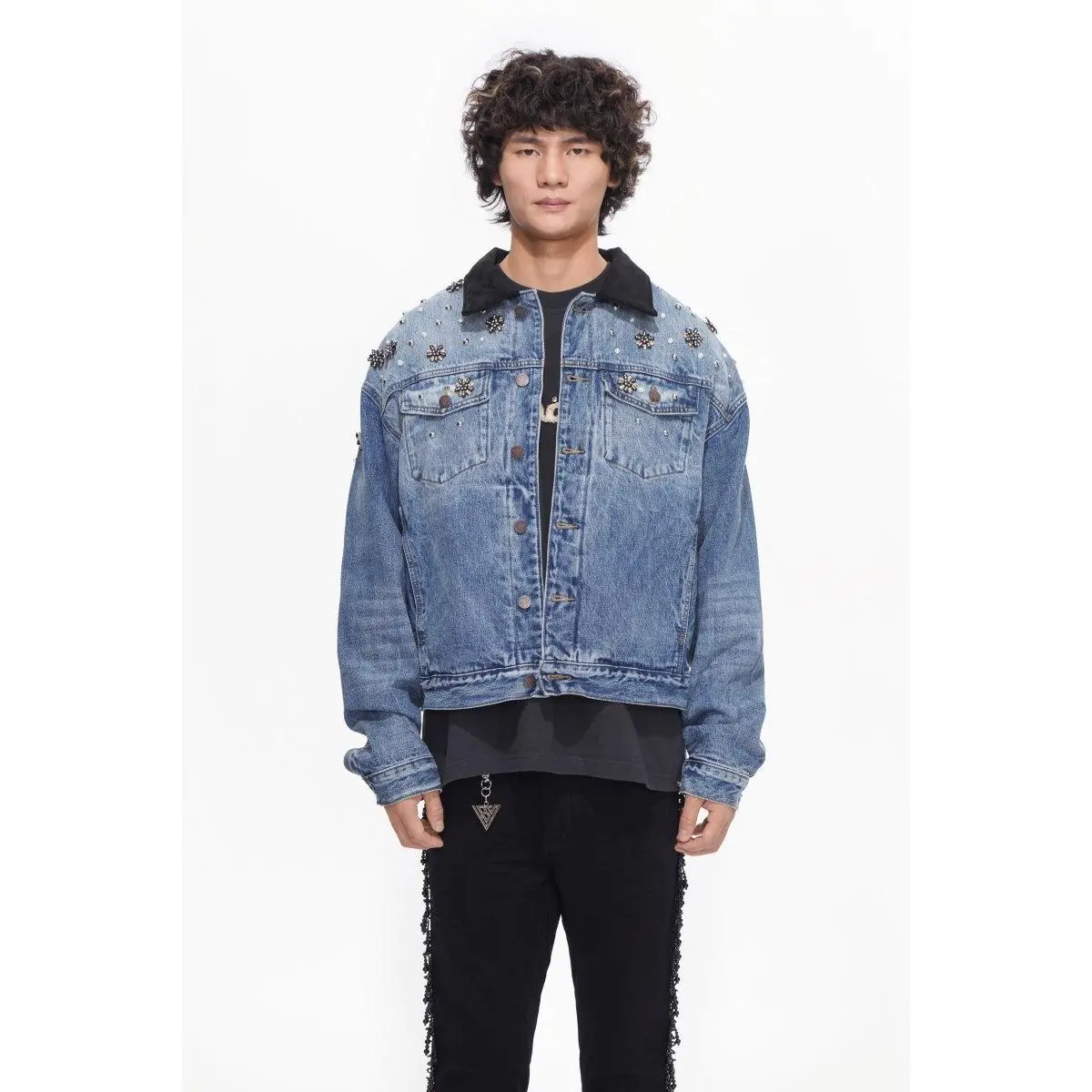 Cropped Embellished Denim Jacket in Blue Washed Cotton, Unisex Streetwear with Floral Crystal Studs & Contrast Collar