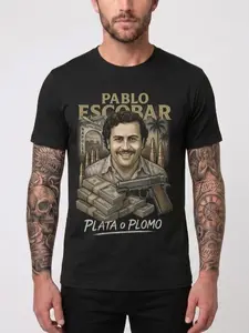 Plata O Plomo Graphic T-Shirt for Men, 100% Cotton Round Neck Short Sleeve Vintage Streetwear Inspired by Narcos