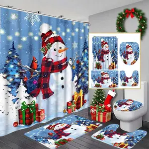 Christmas Snowman Shower Curtain Set, Festive Bathroom Decor with Hooks, Bath Mat, Toilet Lid Cover, U-Shaped Tray, Bathroom Decoration Accessories, Perfect Gift