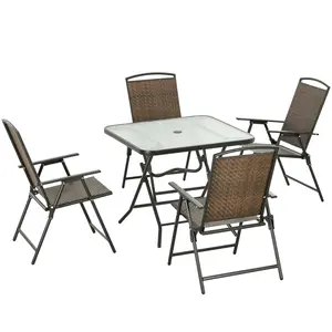[Bellemave] 5 Pieces Wicker Patio Dining Set, Foldable Outdoor Table and 4 Chairs, Umbrella Hole & Tempered Glass Table Top, Dark Brown