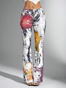 Easter Must-Have Low Waist Elastic Ripped Printed Flare Jeans for Women, Y2K Street Style High-Waisted Long Pants, All Seasons Fashion Streetwear