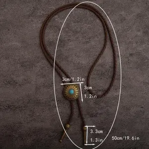 1 piece of retro bolo tie collar rope, in the European and American style. It is a bolo leather rope necklace with natural blue turquoise and a circular pattern, a long necklace.