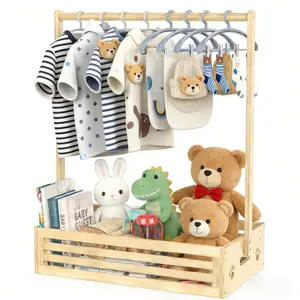 Wooden Baby Clothing Rack for Toddlers, Pet Clothes Organizer with Storage Bin & Adjustable Hanger, Ideal Gift for Babies & Kids, Nursery