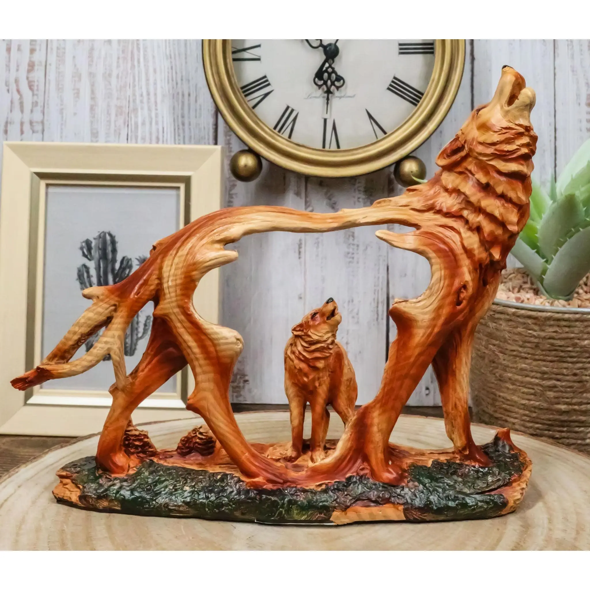 Ebros Exclusive Howling Gray Alpha Wolf Resin Figurine - Polished to Resemble Wood, 7.25in Tall Decorative Home Decor Sculpture, Ideal Gift for Wolf Enthusiasts, Statues & Miniatures Accessory