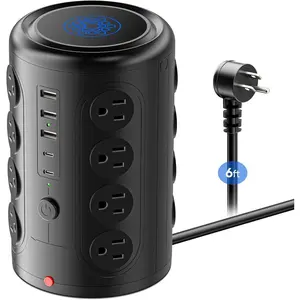 L-PSP018  Heavy Duty Power Strip Tower with 16 Outlets and 5 USB Ports (2 USB-C), 1500J Surge Protector with Multiple Outlets, 6 FT Extention Cord for Home Office Desk, Dorm Room Essentials Black