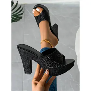 Elegant Women's Rhinestone Metallic Color High Heel Sandals, Glitter Heeled Sandals, Thick Sole Fashionable Shoes for Parties & Nightclubs, Stylish Versatile Heels