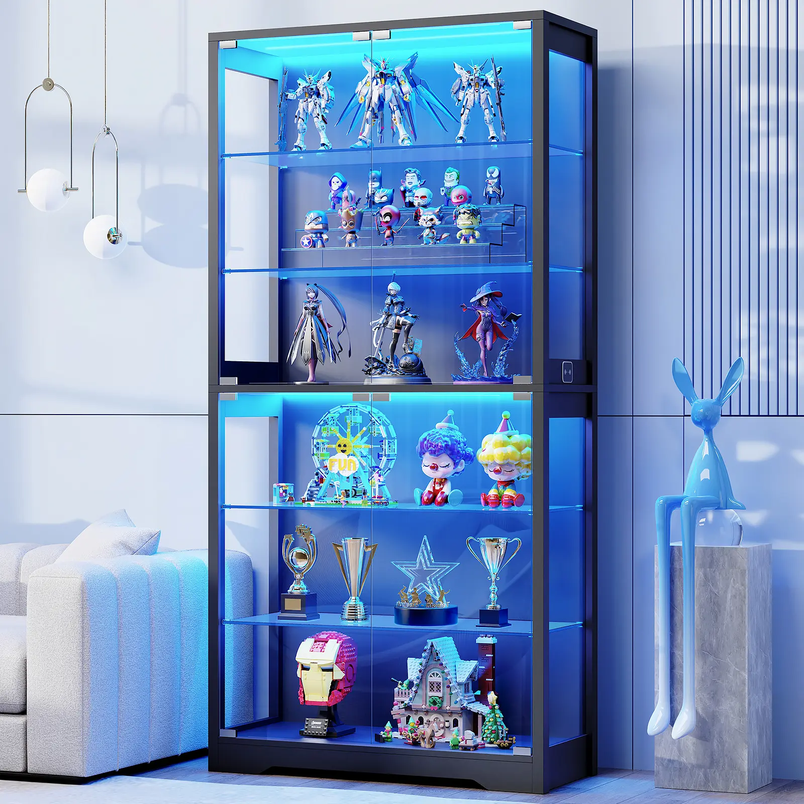 BROTTAR 71" Display Cabinet with Glass Door, 6-Tier Curio Cabinet with 3 Color Light for Collectibles, Figures, Showcase Display Case with Adjustable Glass Shelves & Human Body Sensor, Multi-Functional Glass Cabinet, Black/White