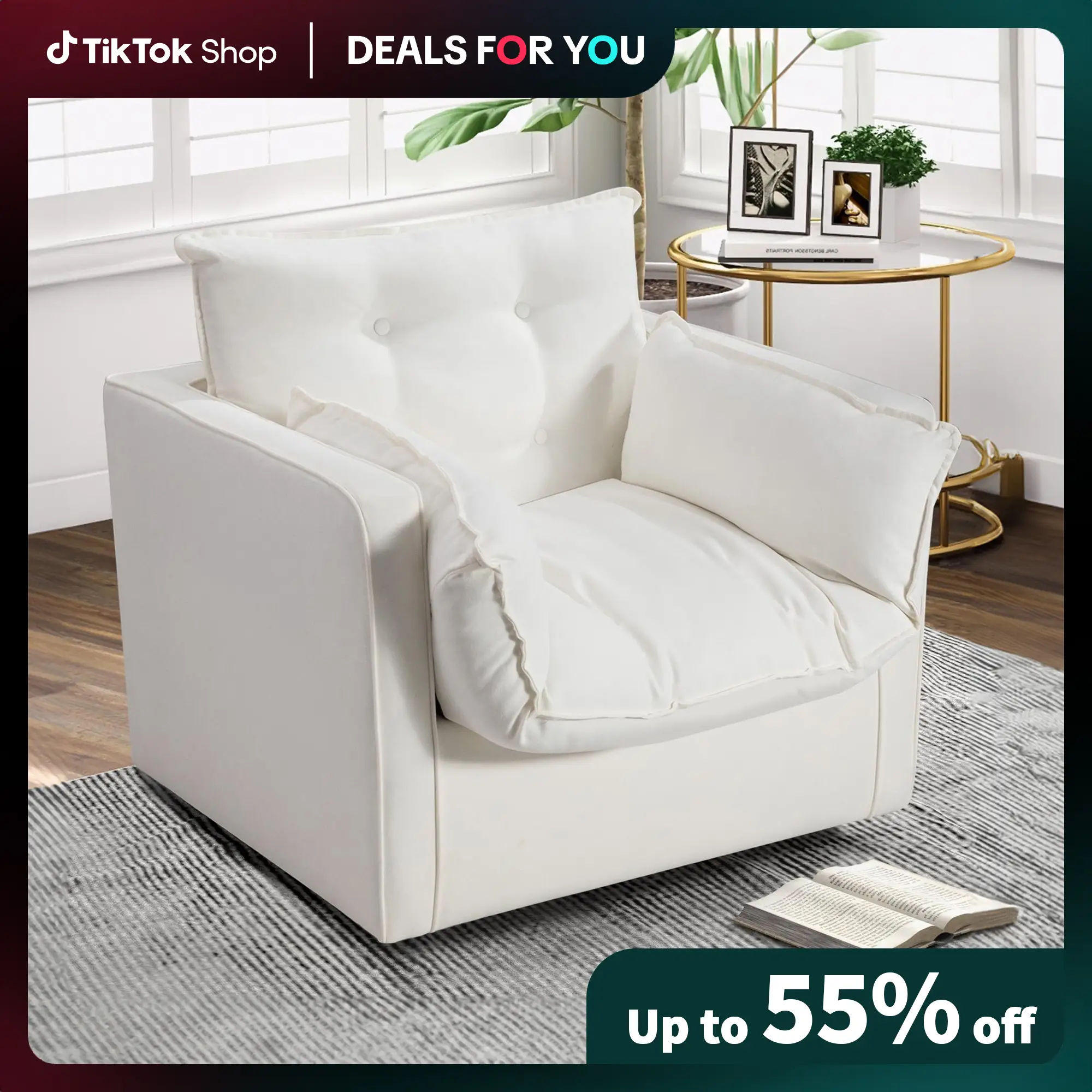[Dealsforyoudays]EBELLO Swivel Accent Chair Mid Century Modern Chair Club Arm Chair, Upholstered Swivel Square Chair for Living Room Bedroom Small Spa