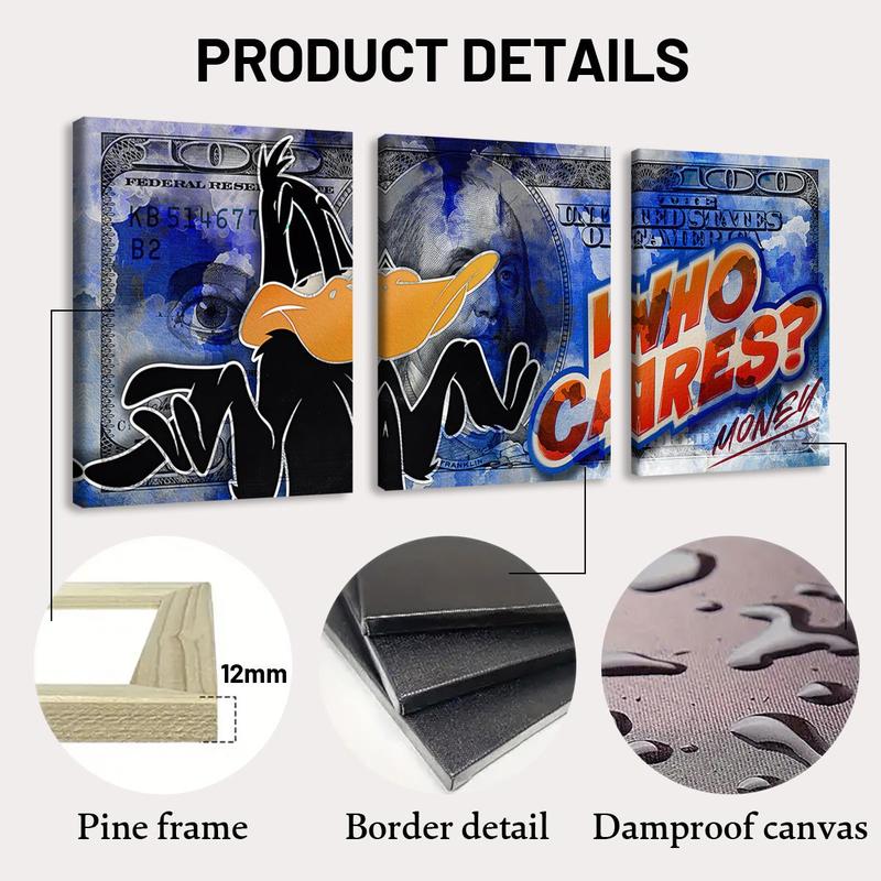 Daffy Duck Money Themed Creative Poster, Wooden Framed Canvas Painting, Modern Art Wall Art for Home Living Room Bedroom Decor, Ornaments