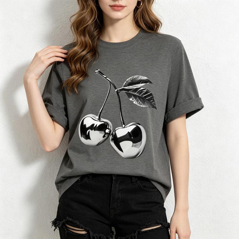 Women's Heather Gray Fitted Pure Cotton Short Sleeve Crew Neck T-Shirt - Viral TikTok Minimalist Y2K, Cool Silver Mirror Metallic 3D Cherry Print Tops for Daily Streetwear Loungewear