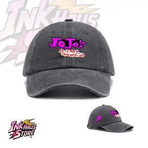 Handwritten "JoJo" logo, beneath which appear the words "Bizarre Adventure" in red against a white background.--Cotton Washed baseball cap
