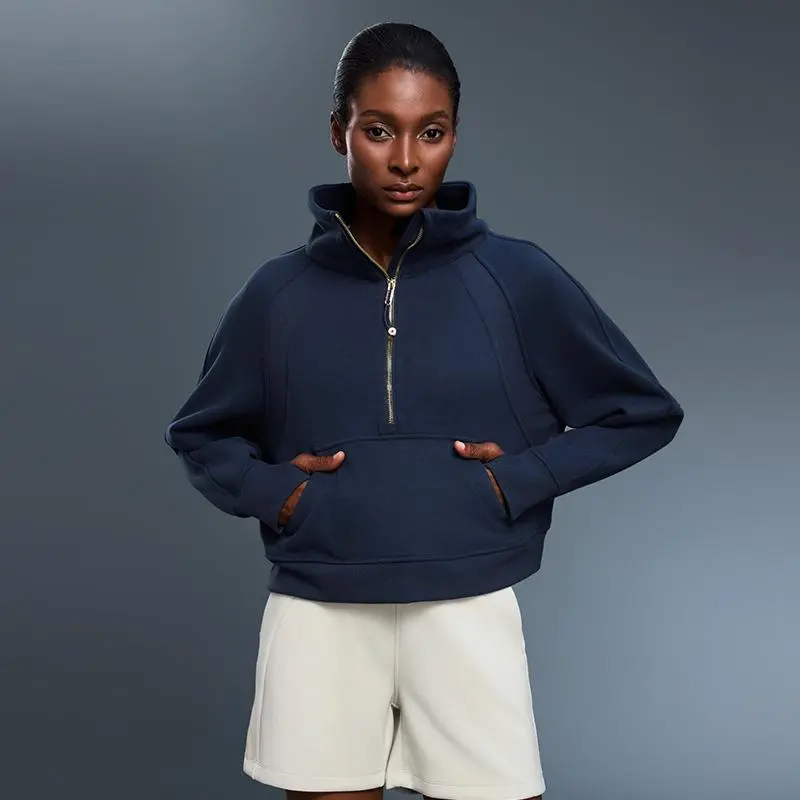Warehouse Clearance Sale ! Women's Winter Activewear Cotton-Blend Fleece Oversized Half-Zip Hoodie Sweatshirt with Front Pocket & Gold Zipper for Yoga Sports Gym Workout