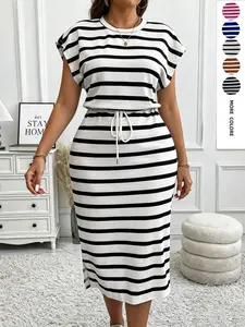 Women's Slimming Striped Dress, Casual Office High Waist Ruched Over-The-Knee Short Sleeve Dress, Lazy Split Butt Cover Long Dress