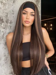 Ice Silk Headband Wig, Mixed Long Straight Hair, 26 Inches, Heat Resistant, Suitable for Daily Commuting, Synthetic Hair Wig