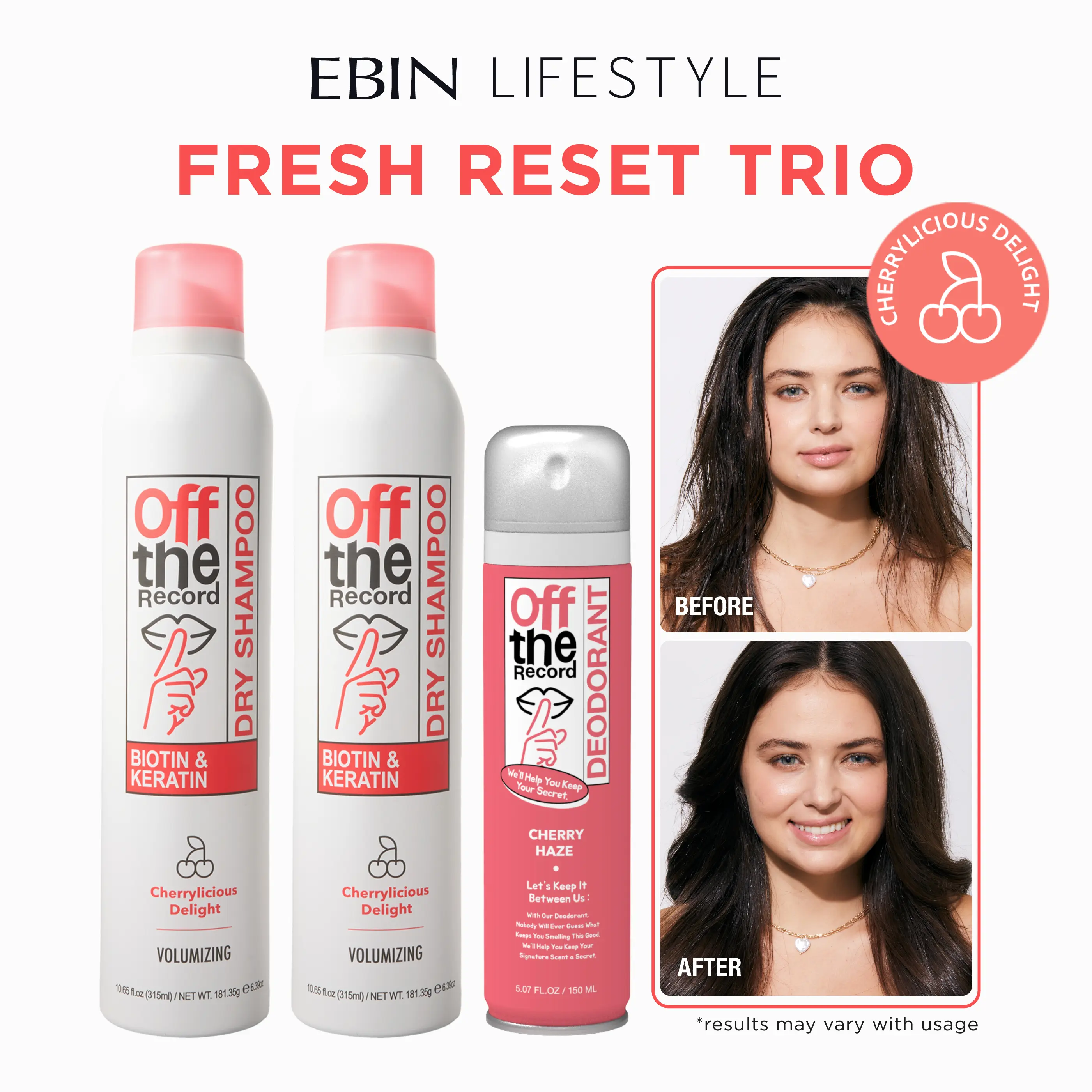 EBIN Off The Record Fresh Reset Duo (Cherrylicious Delight) 2-Pack Dry Shampoo + FREE Deodorant Spray | Oil Control, Odor Protection, All-Day Fresh