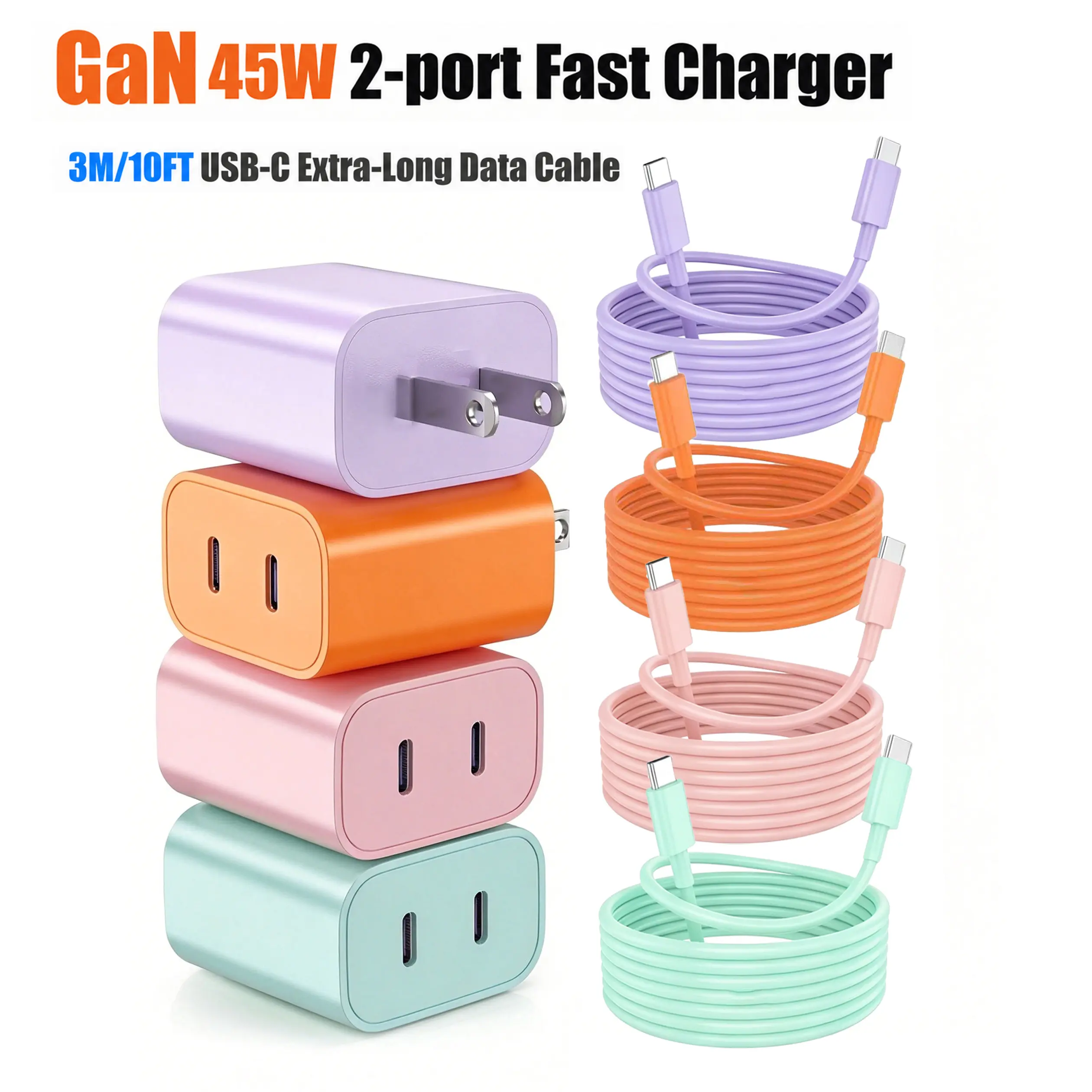 GaN PD 45W, Dual USB-C Super Fast Charger, Wall Charger,with 10-ft Extra-Long Durable USB-C Charging Cable,  for Samsung Ultra16/S26+/S25+/S25/S24/S23/S23+/S22/S22+/S21 Ultra/S20, for iPhone 17, 16 Pro Max, etc. Plug，Techvibes