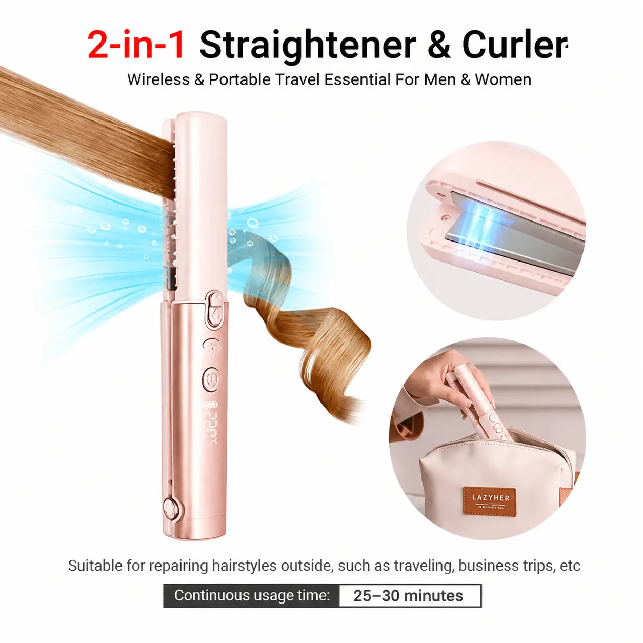 Cordless  Mini Titanium Flat Iron- 2-in-1 Styling Tool (Smooth Straightening Curly Hair & Curls), 4000mAh Wireless Hair Tool, Fast-Heat, Up to 220°C/428°F,  Mini Travel  Accessory,  Women's Gifts,Dorm essentials
