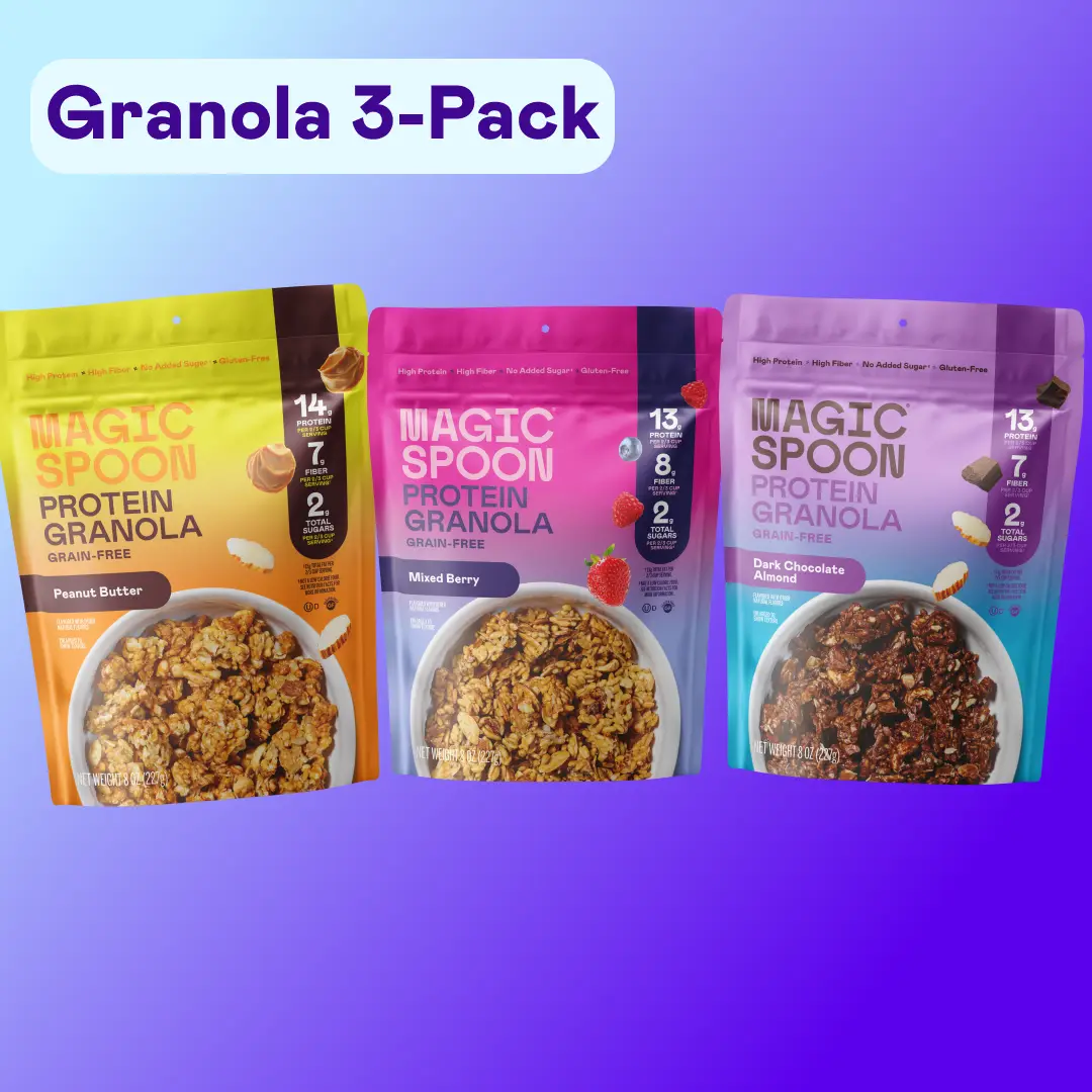 Magic Spoon Protein Granola Variety Pack of 3, High Fiber Breakfast Food, Grain-Free, Gluten-Free Muesli Oatmeal - Peanut Butter, Mixed Berry, Dark Ch